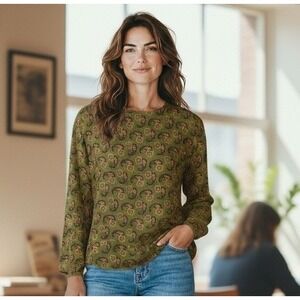 VTG Anne Klein II Womens Top 10 Olive Green Paisley 100% Silk Blouse Classic 90s
